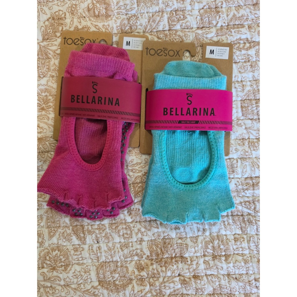 ToeSox Bellarina Half Toe Grip Socks 2 Pair Bundle Raspberry Aqua Medium NEW